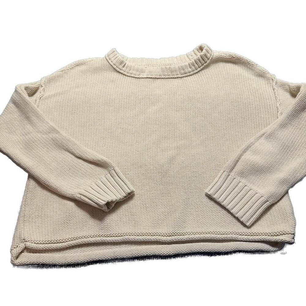 American Eagle Cream 100% Cotton Chunky Cozy Knit Cropped Crewneck Sweater Sz M